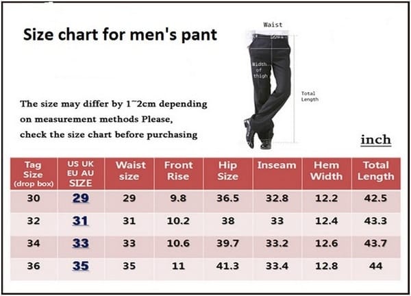 Size chart for basic pant