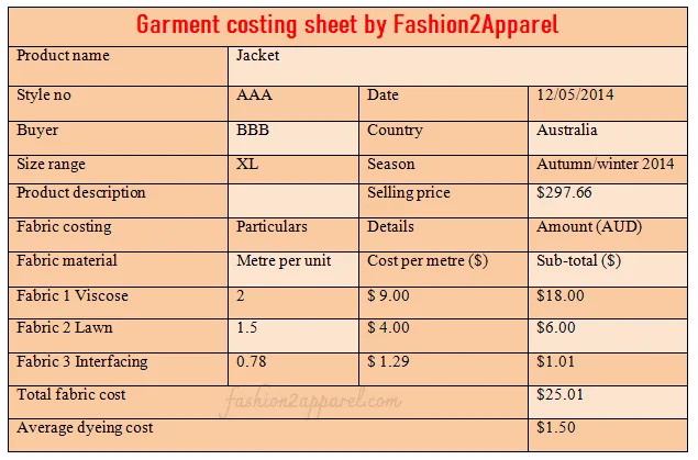 garment costing sheet