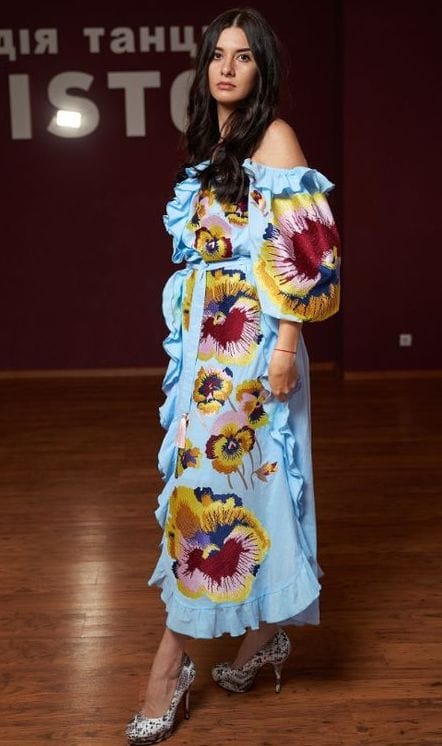 Embroidered pansies on sky blue cotton batiste