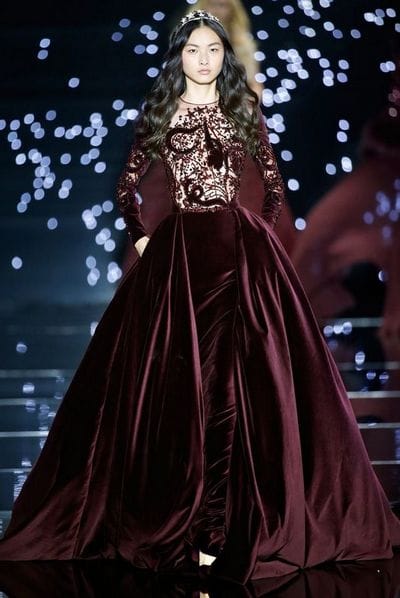 Long velvet burgundy haute couture dress