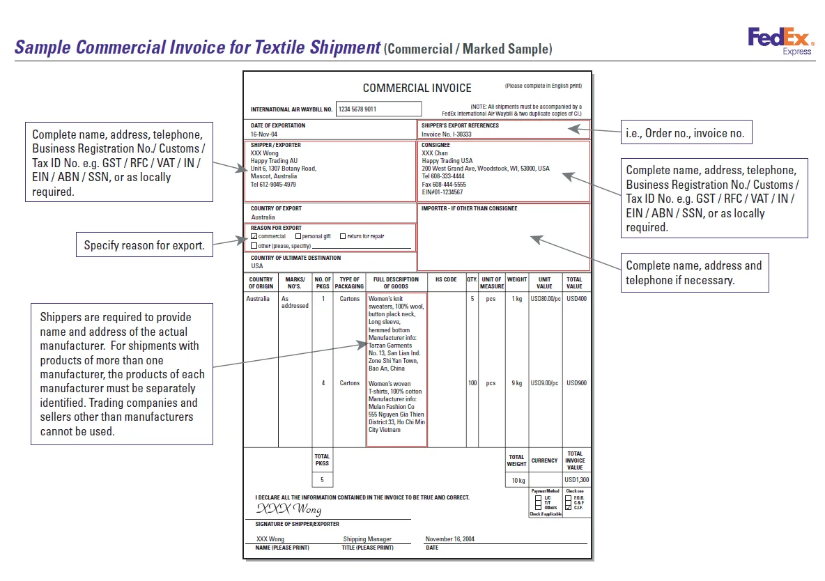 Sample invoice of garment export